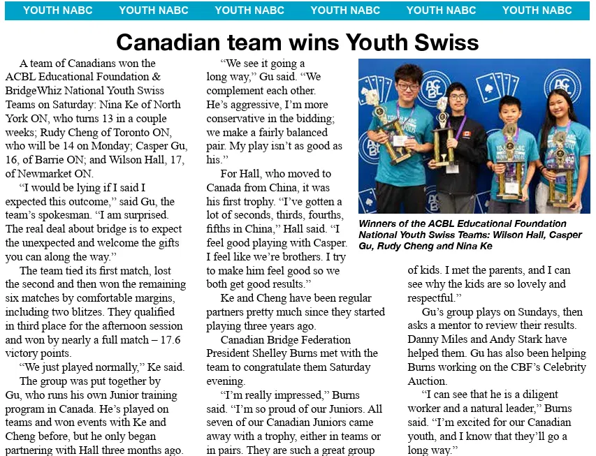 NABC Bulletin July 19, 2026 article about Casper Gu and the Canadian Youth Swiss winning team